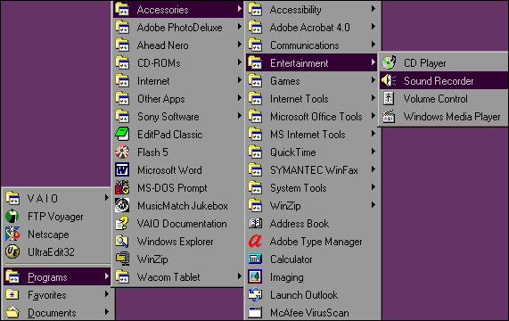 Locating the Sound Recorder on the Programs menu